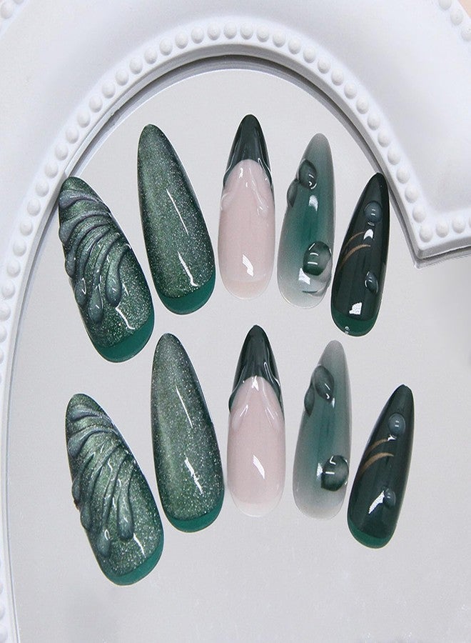 BSBTBZ 24Pcs Green Press on Nails Medium Almond Fake Nails with Green Ripple French Cat Eye Design Handmade Stick on Nails Glitter Full Cover Artificial Nails for Women DIY Manicure Daily Wear - Image 4